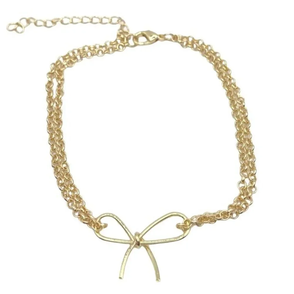 Gold Chain Charm Bracelet Double Strand Wire Bow Charm Bracelet